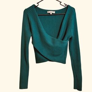 Sweet Rain Wrap Front Cropped Green Long Sleeve Ribbed Sweater Women’s XL